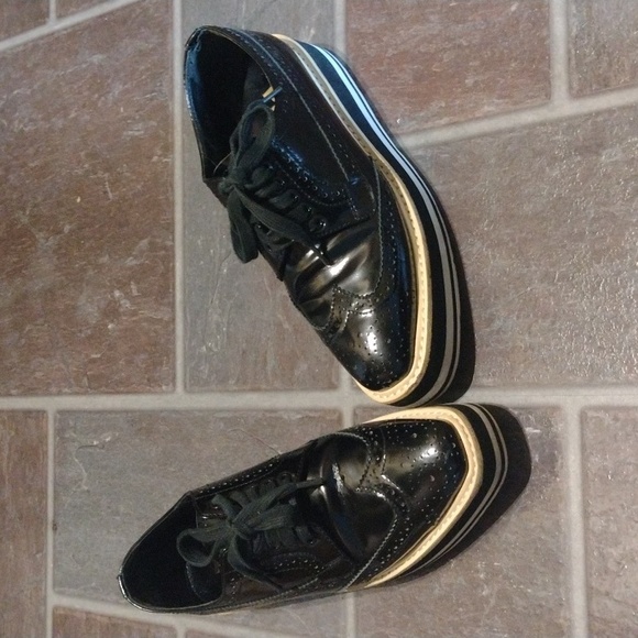 Prada Black Brogue Patent Leather Platform Derby wingtip Oxfords size 34 - Picture 2 of 10
